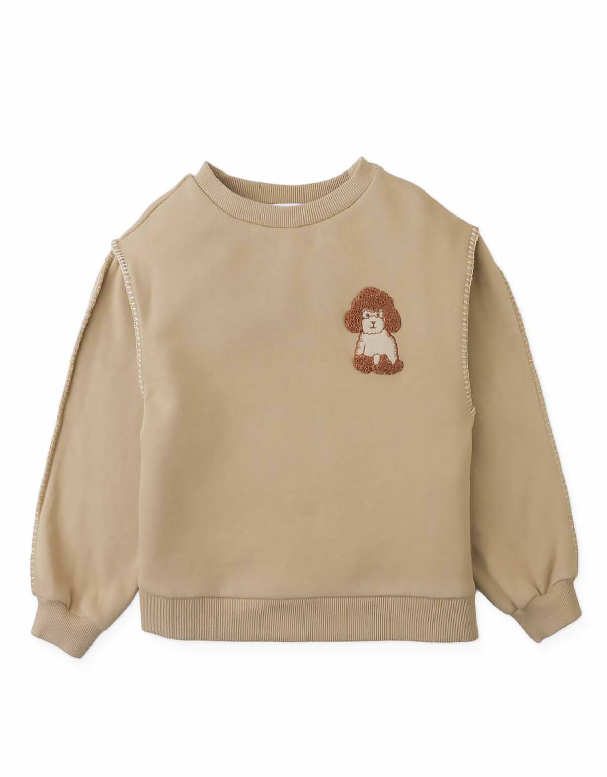 Faustina Sweater with Contrast Hand Blanket Stitching and Poodle Cheerful Appliqué (Beige)