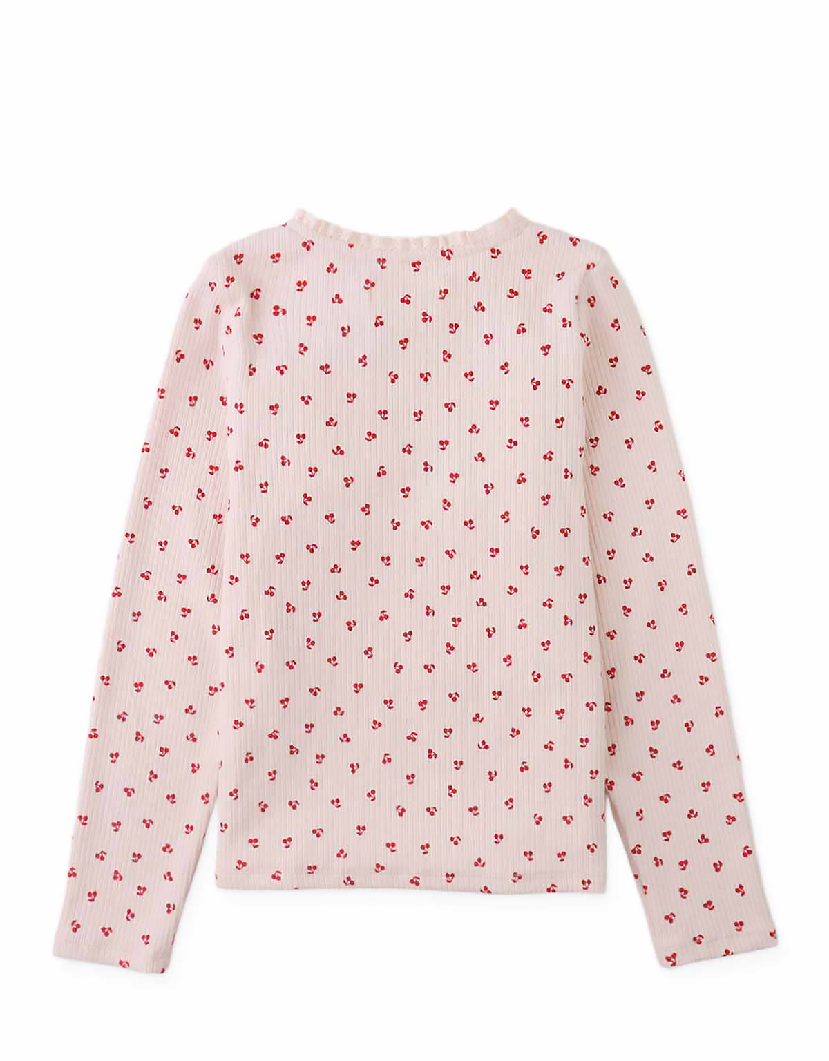 Apolinaria Pointelle Ribbed Tee in All-Over Cherry Print with Button Placket and Ruffled Neckline (Pink)