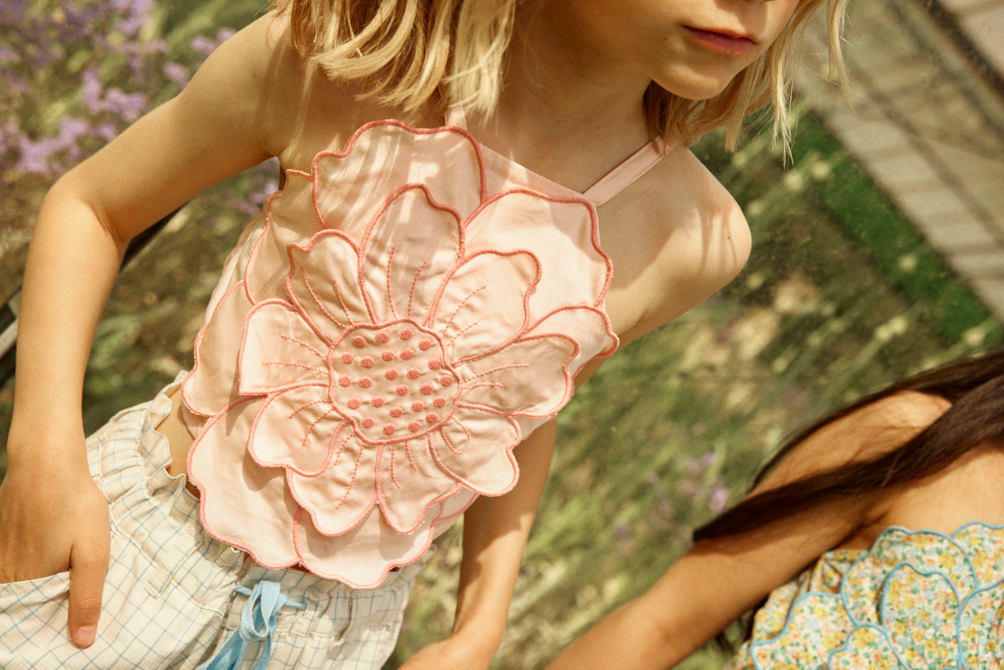 Pearl Smocked Halter Top with Large Flower Appliqué