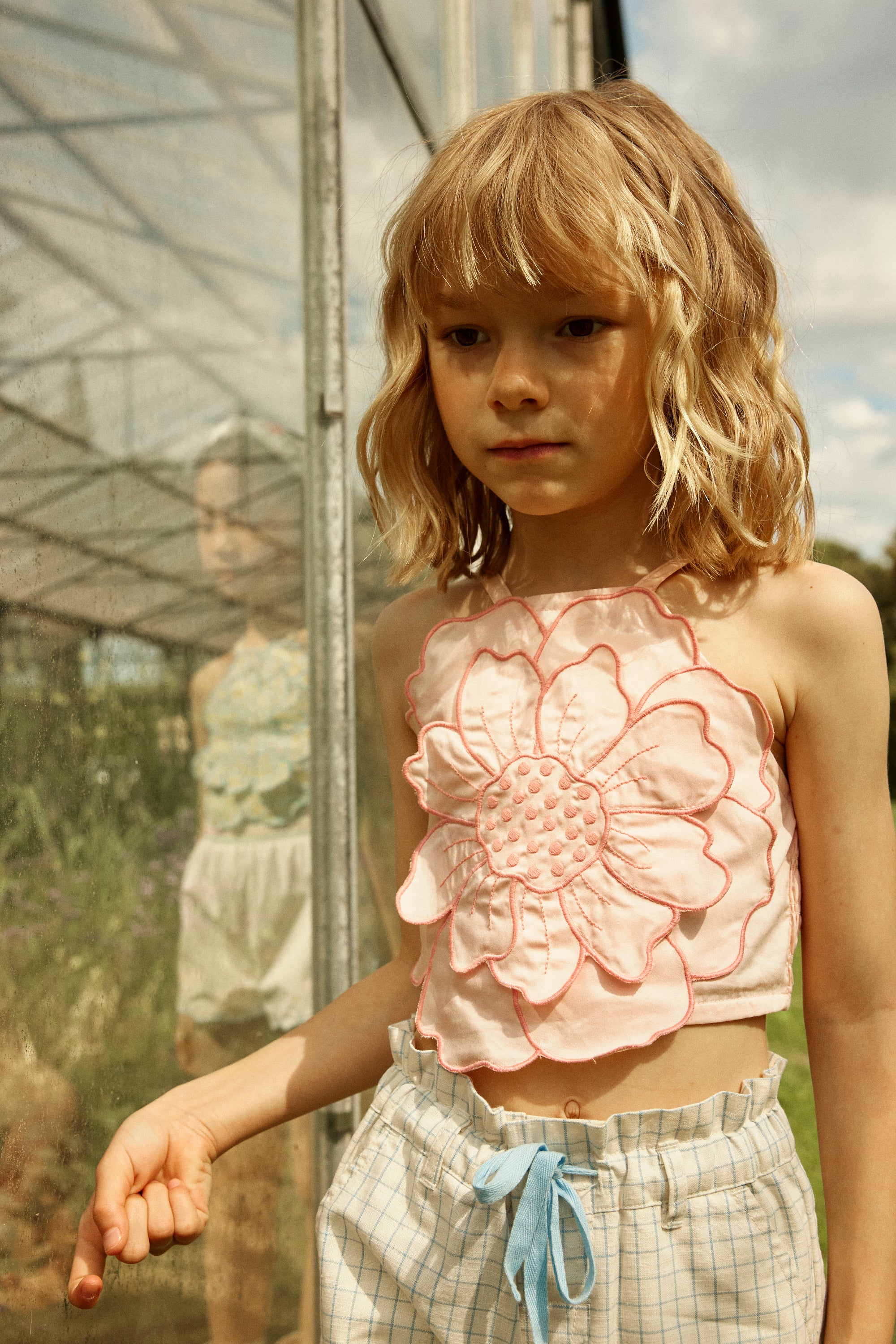 Pearl Smocked Halter Top with Large Flower Appliqué