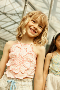 Pearl Smocked Halter Top with Large Flower Appliqué