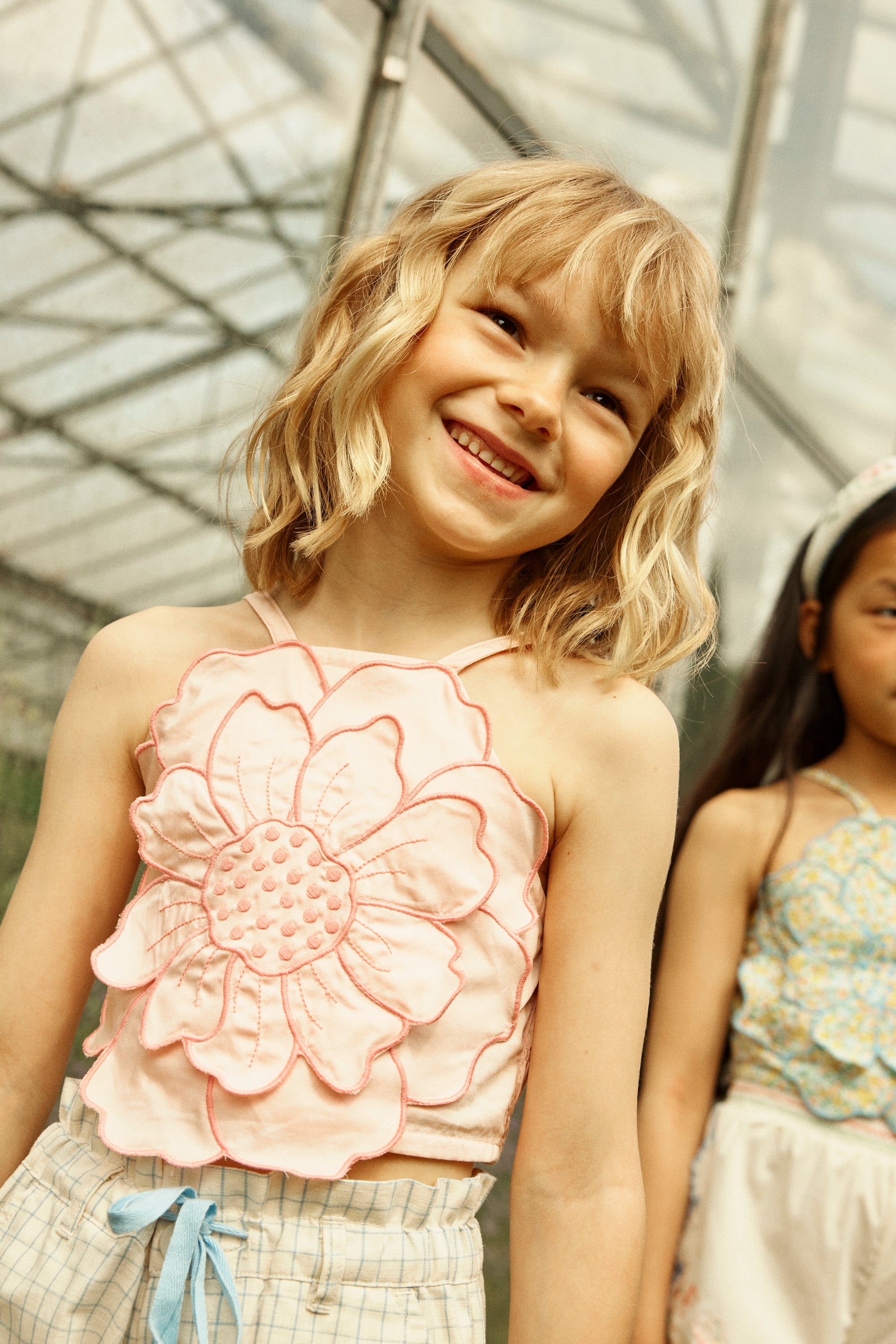 Pearl Smocked Halter Top with Large Flower Appliqué