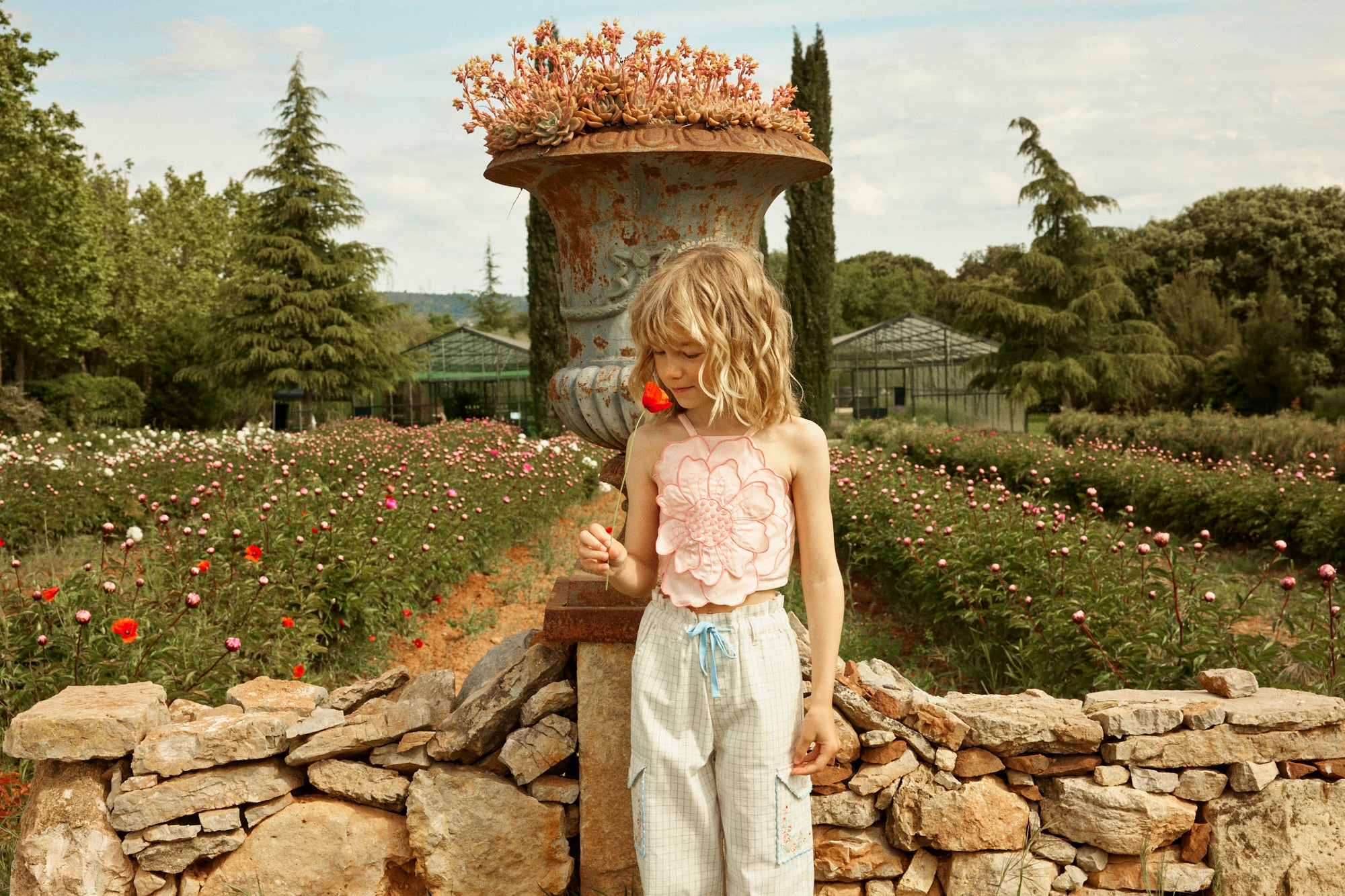 Pearl Smocked Halter Top with Large Flower Appliqué