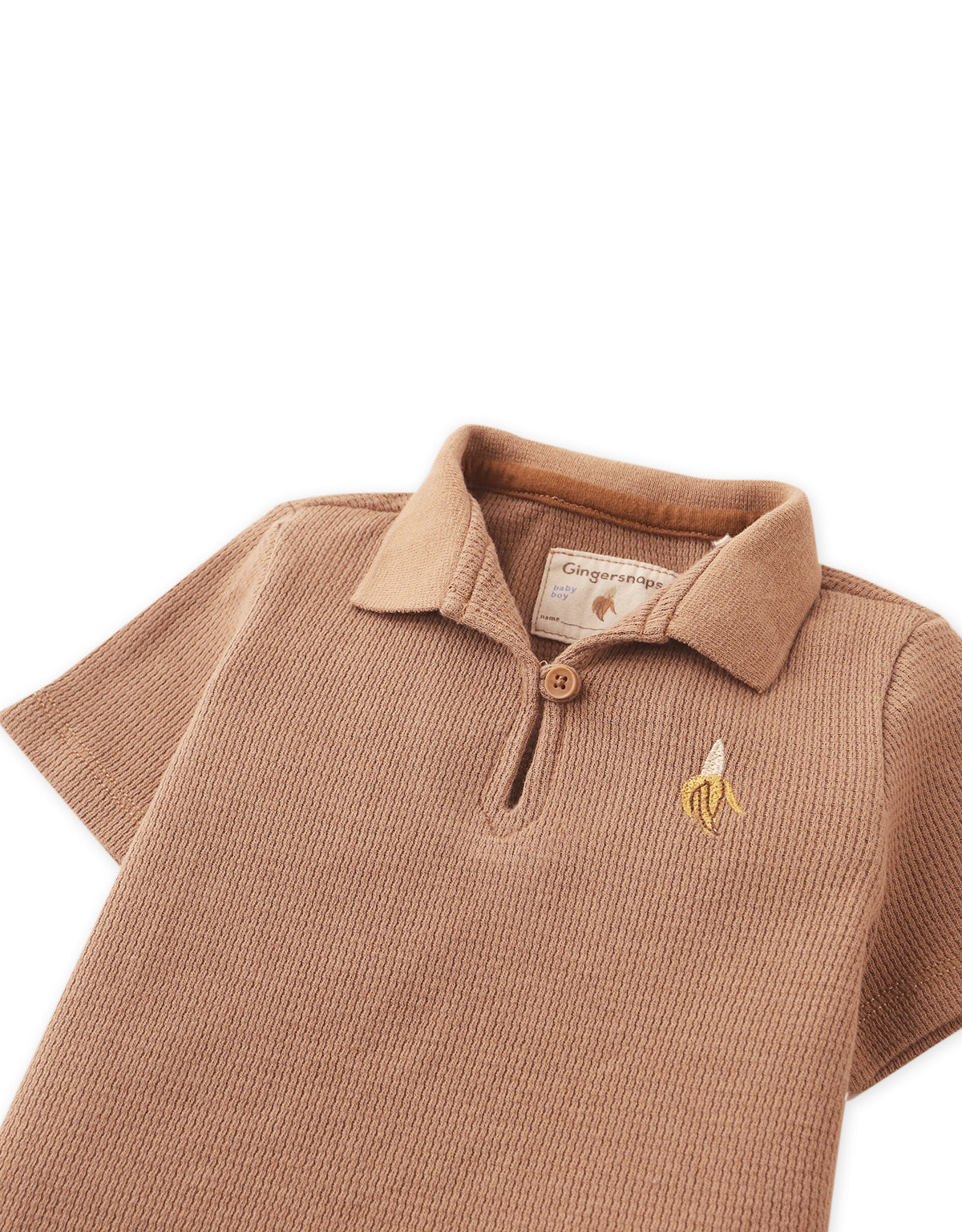 Baby Timmy Waffle Knit Polo Shirt With Banana Embroidery & Keyhole Placket