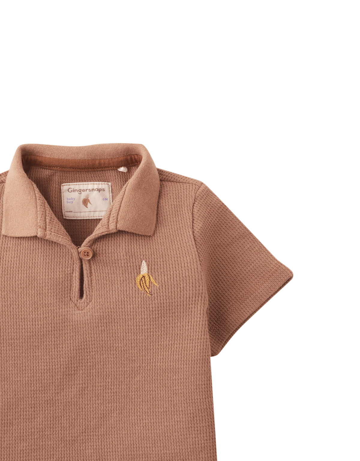 Baby Timmy Waffle Knit Polo Shirt With Banana Embroidery & Keyhole Placket
