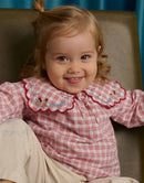 Baby Gracia Checkered Blouse with Poodle Embroidery and Scalloped Sailor Collar (Red)