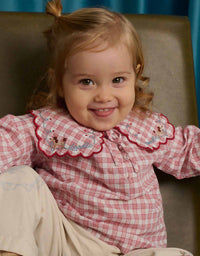 Baby Gracia Checkered Blouse with Poodle Embroidery and Scalloped Sailor Collar (Red)