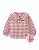 Baby Gracia Checkered Blouse with Poodle Embroidery and Scalloped Sailor Collar (Red)