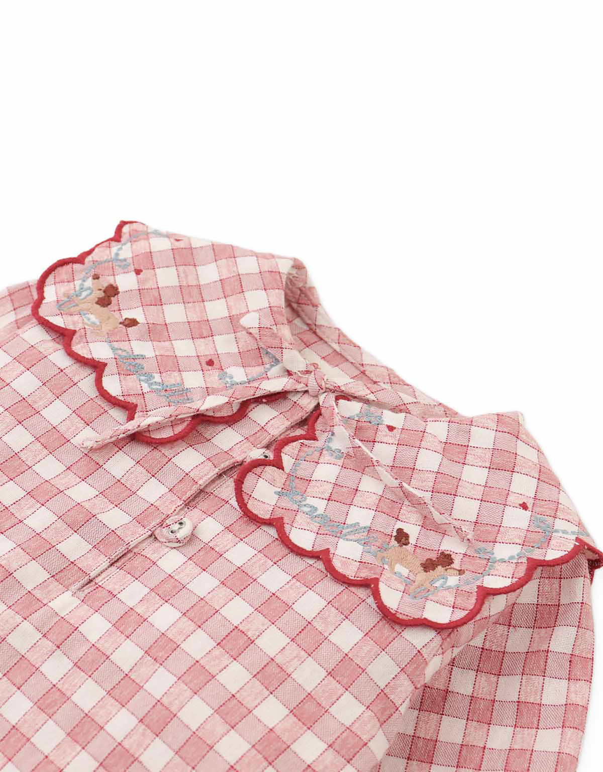 Baby Gracia Checkered Blouse with Poodle Embroidery and Scalloped Sailor Collar (Red)