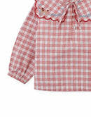 Baby Gracia Checkered Blouse with Poodle Embroidery and Scalloped Sailor Collar (Red)
