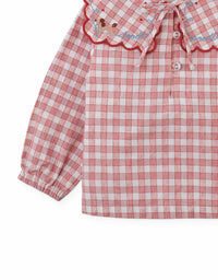 Baby Gracia Checkered Blouse with Poodle Embroidery and Scalloped Sailor Collar (Red)