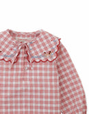 Baby Gracia Checkered Blouse with Poodle Embroidery and Scalloped Sailor Collar (Red)