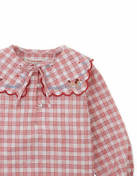 Baby Gracia Checkered Blouse with Poodle Embroidery and Scalloped Sailor Collar (Red)