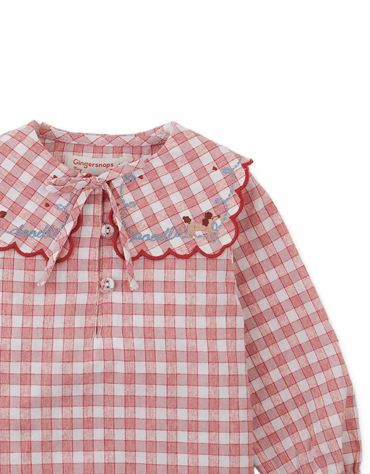 Baby Gracia Checkered Blouse with Poodle Embroidery and Scalloped Sailor Collar (Red)