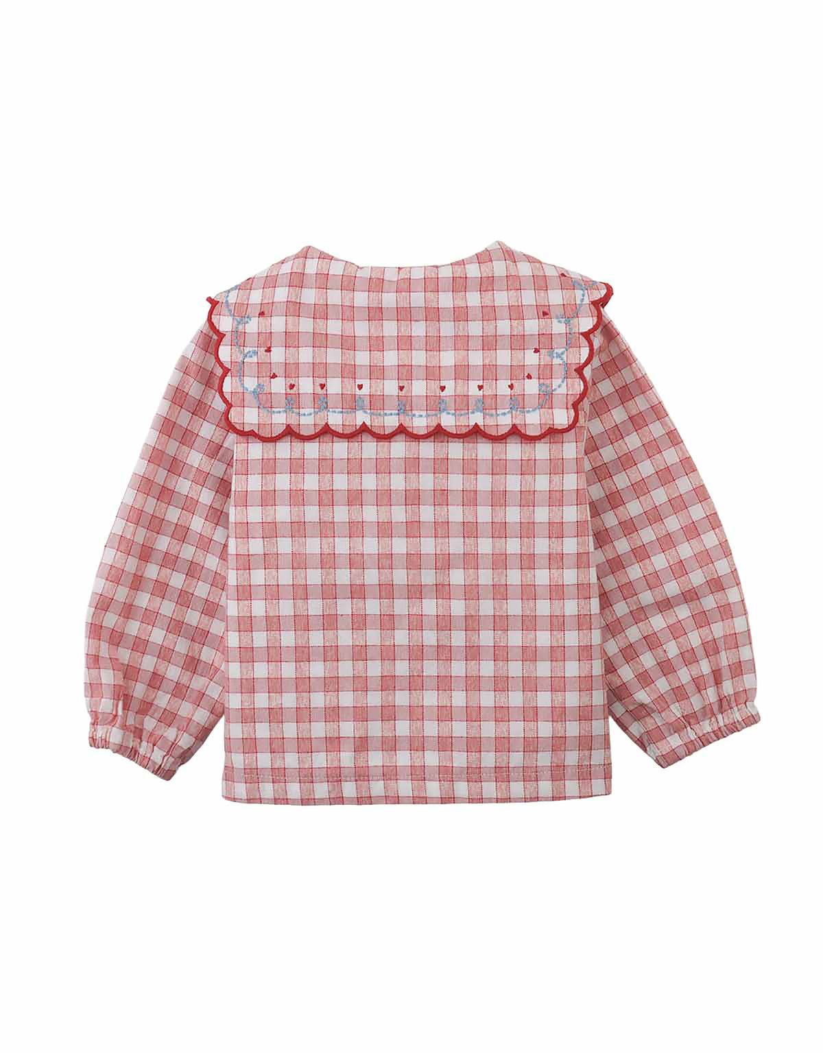 Baby Gracia Checkered Blouse with Poodle Embroidery and Scalloped Sailor Collar (Red)
