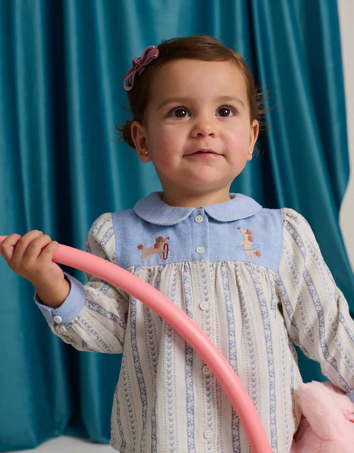 Baby Hester Striped Floral Blouse with Poodle Embroidery (Blue)