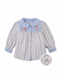 Baby Hester Striped Floral Blouse with Poodle Embroidery (Blue)