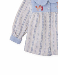 Baby Hester Striped Floral Blouse with Poodle Embroidery (Blue)