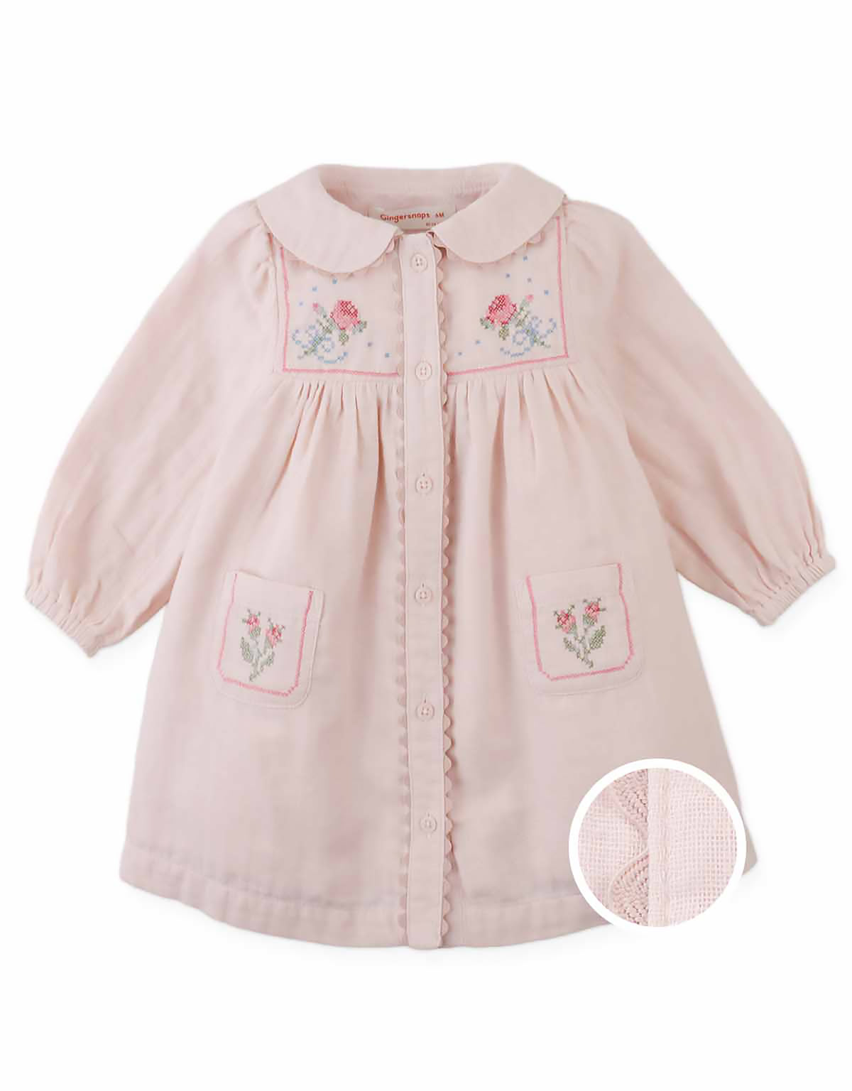 Baby Lottie Button-Down Dress with Cross-Stitch Embroidery (Peach)