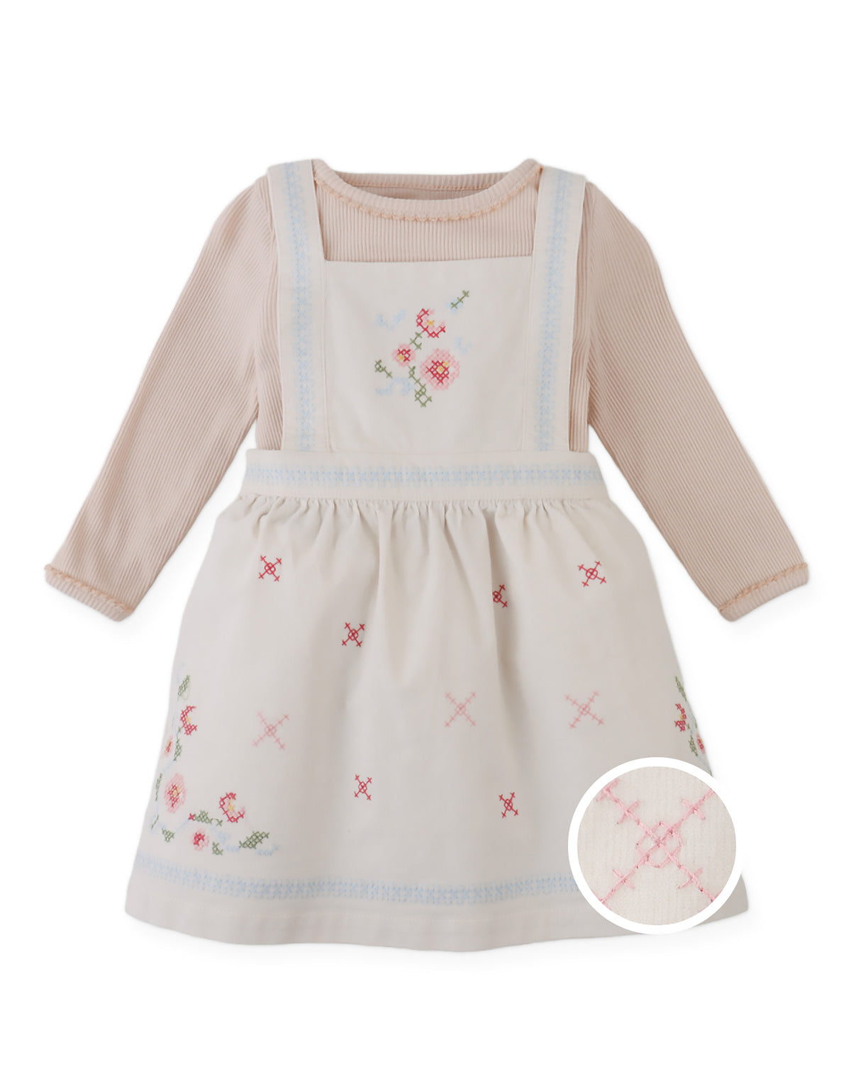 Baby Vera Cross-Stitch Embroidered Pinafore Dress and Inner Tee Set (Offwhite)