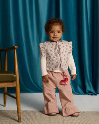 Baby Bessie Pants with Scallop- Embroidered Hem, Ruffles, and Hand- Embroidered Velvet Heart Plushie (Pink)