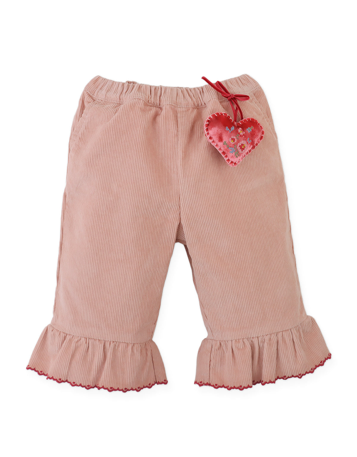 Baby Bessie Pants with Scallop- Embroidered Hem, Ruffles, and Hand- Embroidered Velvet Heart Plushie (Pink)