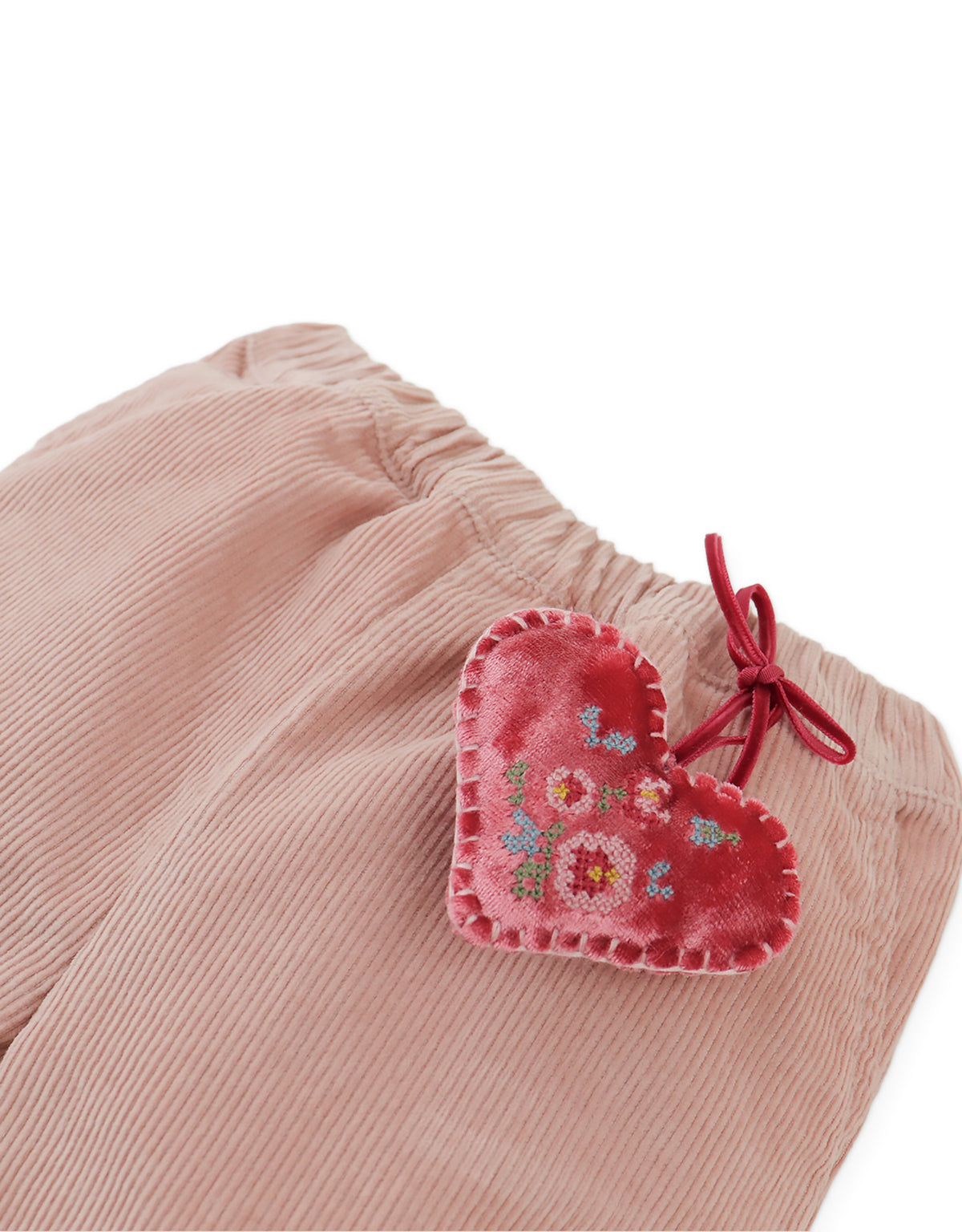 Baby Bessie Pants with Scallop- Embroidered Hem, Ruffles, and Hand- Embroidered Velvet Heart Plushie (Pink)