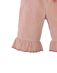Baby Bessie Pants with Scallop- Embroidered Hem, Ruffles, and Hand- Embroidered Velvet Heart Plushie (Pink)