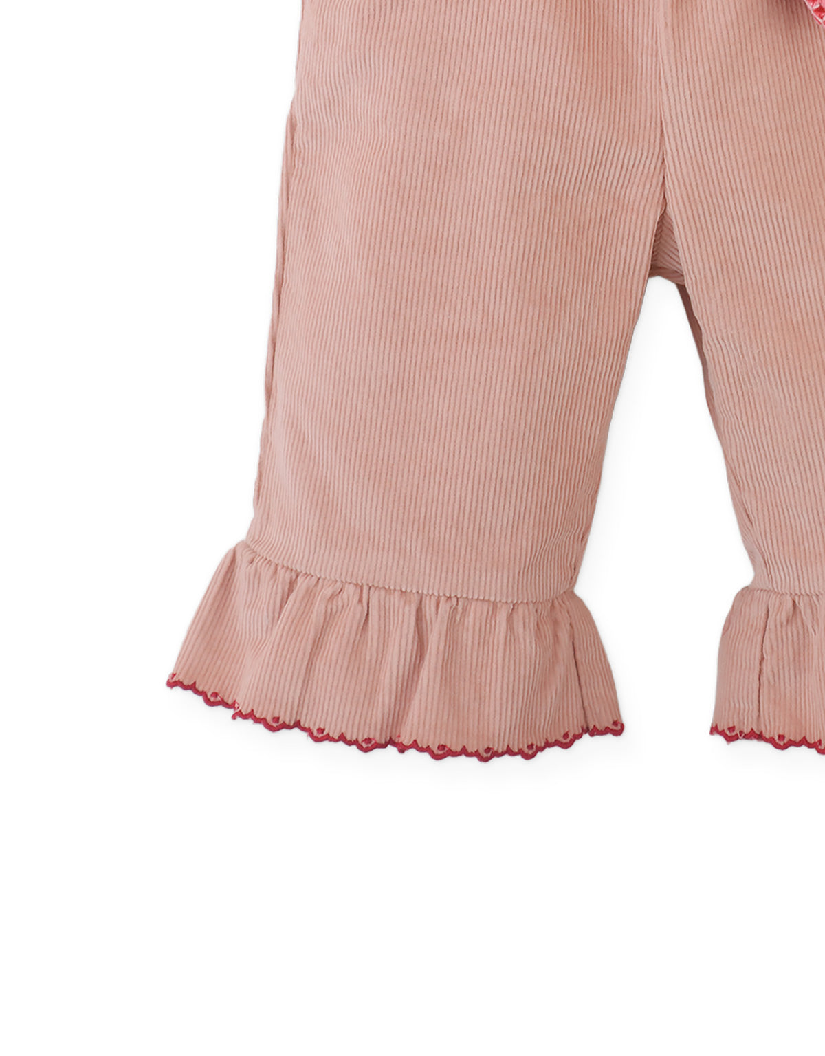 Baby Bessie Pants with Scallop- Embroidered Hem, Ruffles, and Hand- Embroidered Velvet Heart Plushie (Pink)