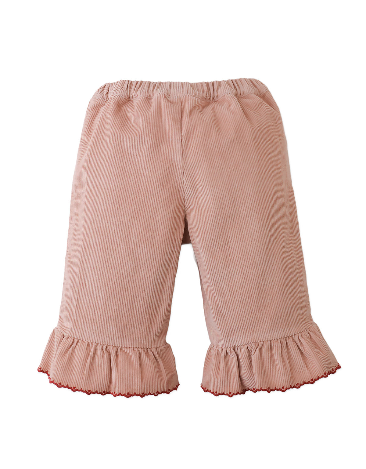 Baby Bessie Pants with Scallop- Embroidered Hem, Ruffles, and Hand- Embroidered Velvet Heart Plushie (Pink)